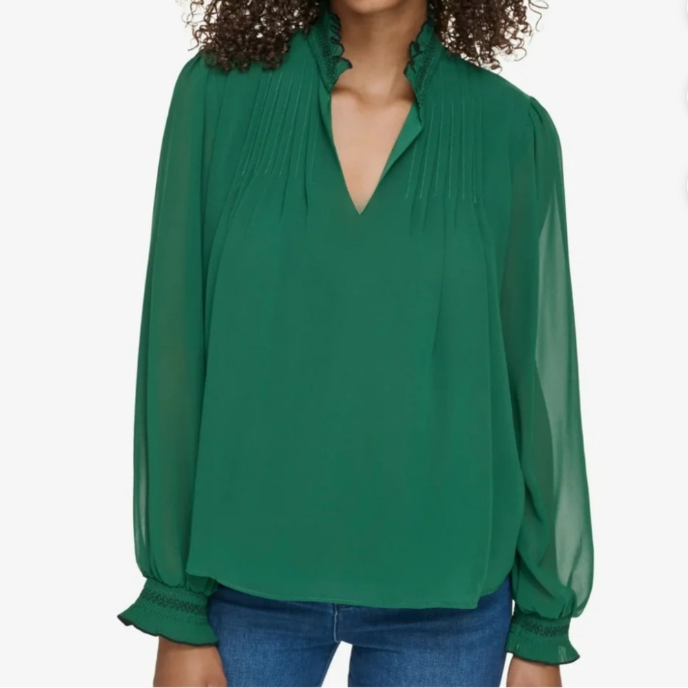 KARL LAGERFELD PARIS V-Neck Sheer-Sleeve Pleated Blouse Green Size S